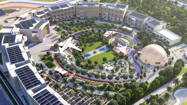 Architectural aerial render of the new CUD campus masterplan in Dubai