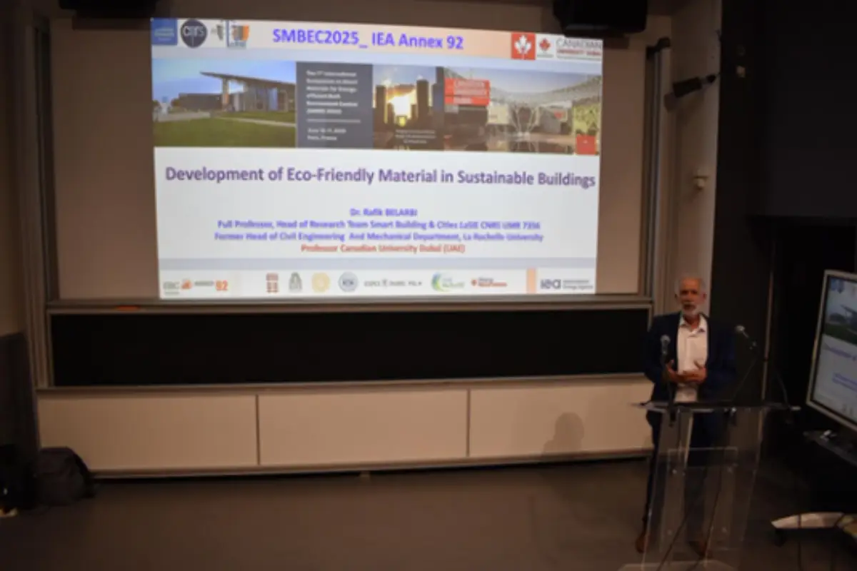 Prof. Rafik Belarbi presenting research at the SMBEC2025 Sustainable Materials and Buildings for the Energy Challenge conference in Paris