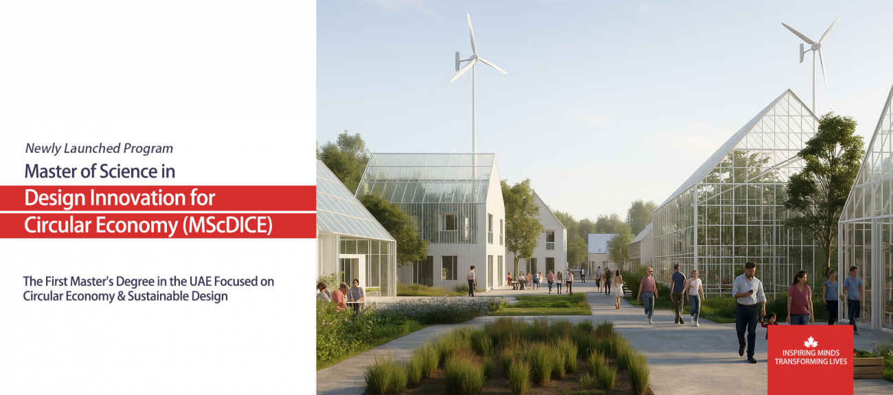 Launch banner for the MSc in Design Innovation for Circular Economy (MScDICE) at Canadian University Dubai